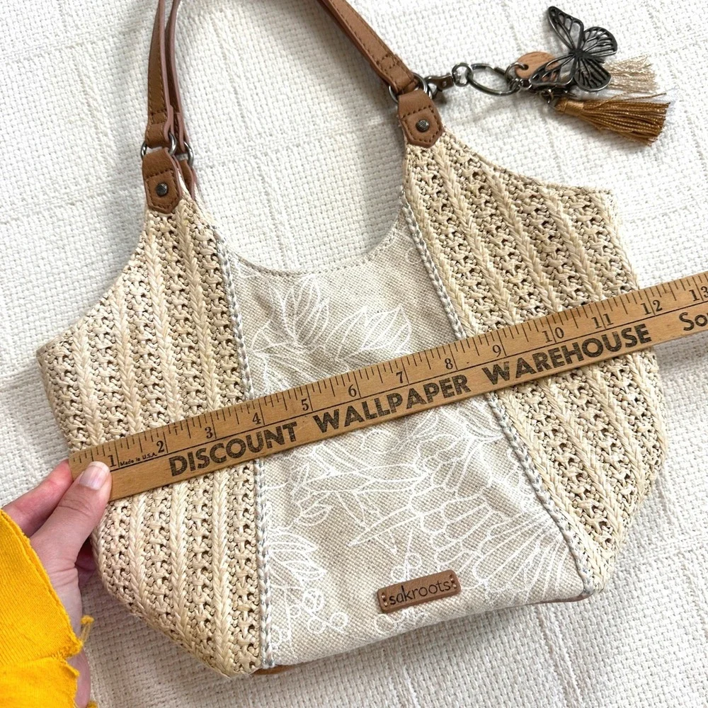 Sakroots Roma Straw Canvas Floral Boho Shoulder Bag Butterfly Charm Tan Medium